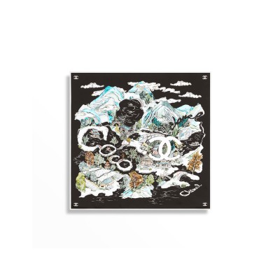 CHANEL SQUARE SCARF SILK TWILL BLACK, MULTICOLOR & WHITE AAB102 (90*90cm)